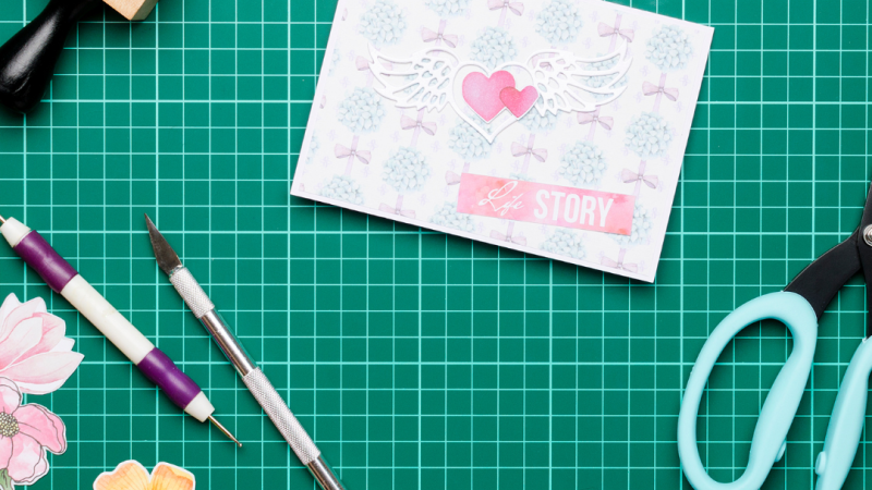 craft mat with scissors , stamp and pens